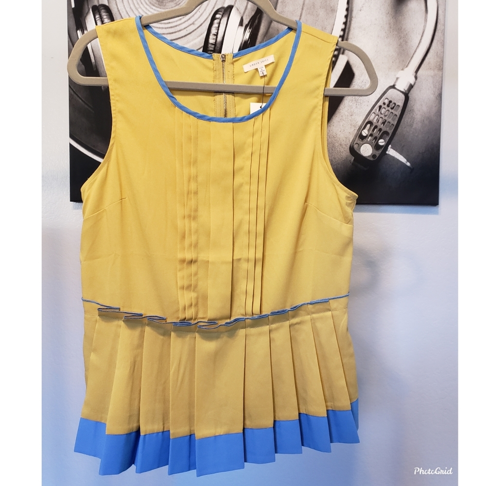 Under Skies Mustard & Blue Peplum Pleated Blouse